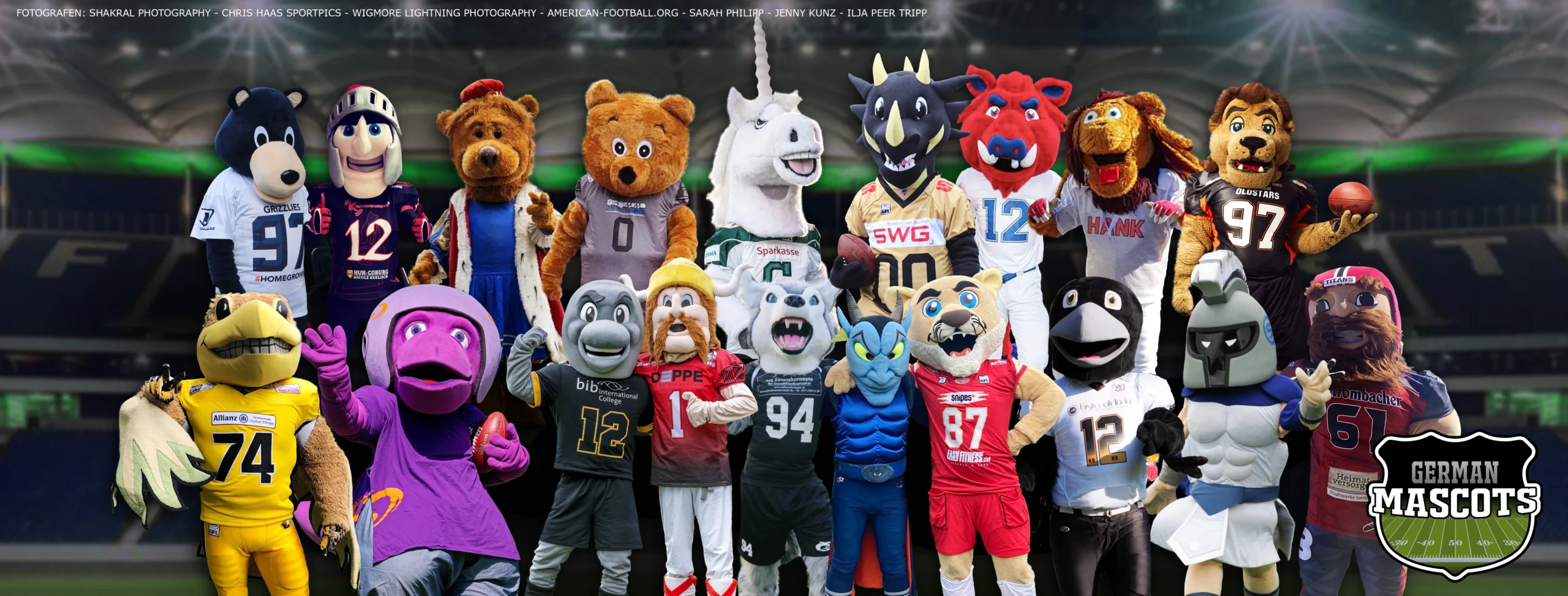 Der German Mascots Roster
Obere Reihe: Tacklebärry, Sir Henner, King Louie, Happy Bear, Corni, Drago der Drache, Eberhart, Hank, Rusty the old Lion. 
Untere Reihe: Lenny, Franky Galactic, Paddy Dolphin, Sir Olaf Viking, Spike the Husky, Bluezifer, Cody Cougar, Rick Raven, Senti und Titus